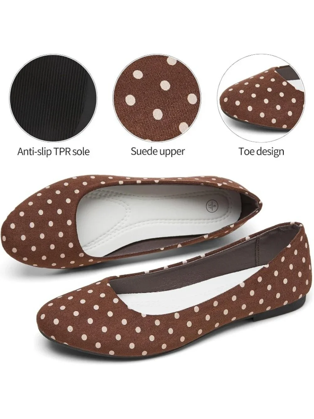 Women's Brown Dot PU Leather Closed Toe Comfortable Flexible Slip On Ballet Flat